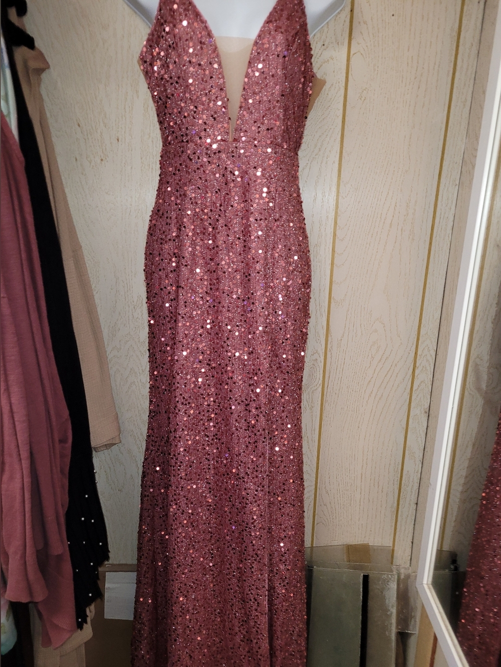 SHEIN Rose Pink Sequin Plunge V-Neck Prom Gown
